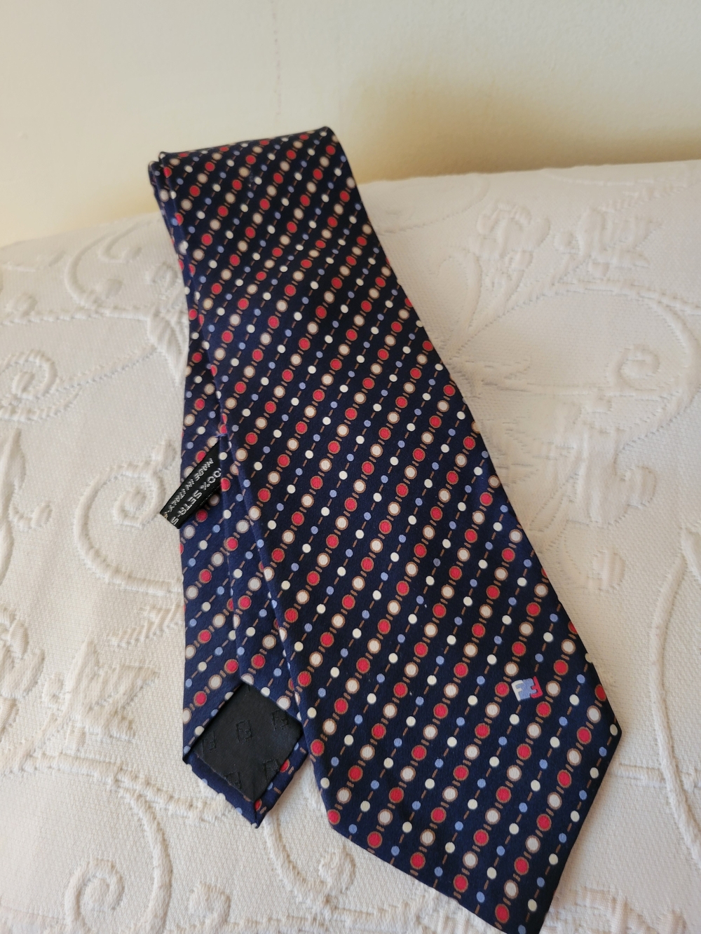 Fendi Navy Silk Tie with Red and White Dot Pattern